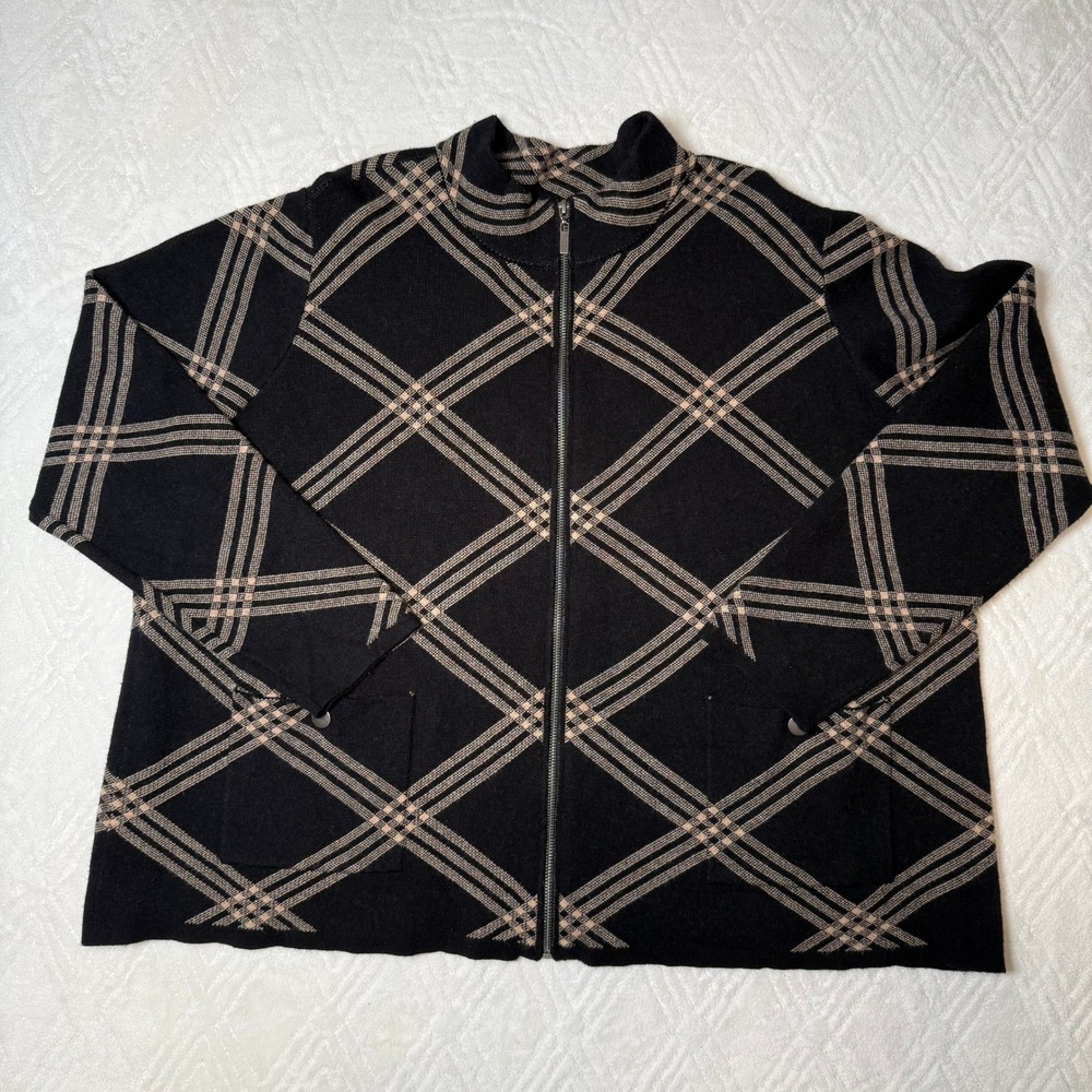 Preppy Classic Kathy Ireland 3X Black Tan Plaid Full Zip Sweater Jacket
